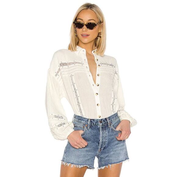 Free People Women's Summer Stars Button Down Frayed Sequin Shirttail Hem Ivory - Picture 1 of 9